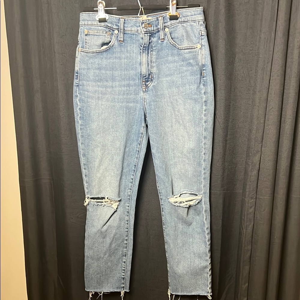 Madewell the High Rise Slim Crop Boyjean Women's Blue Distressed Jeans size 27